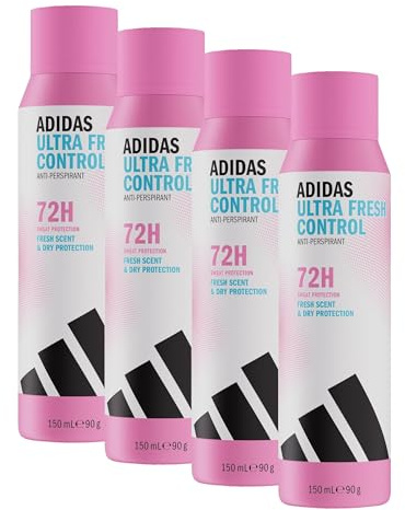 adidas Déodorant spray anti-transpirant Ultra Fresh Control pour femme, Parfum frais, Protection contre la transpiration pendant 72 heures, Doux pour la peau, Formule vegan, 150 ml (Lot de 4)