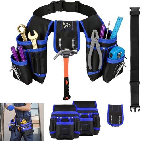 Werkzeuggürtel Herren, Blau Werkzeugtasche Gürtel, Handwerker Gürtel mit 26 Taschen, Werkzeug Gürteltasche, ArbeitsgüRtel, Tool Belt, Verstellbar und Abnehmbar Werkzeug Gürtel, für Tischler, Klempner