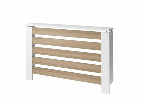 D&J Muebles Kit Cubre Radiador Blanco y Frente Roble 120cm Moderno Hércules | Mueble Decorativo con Listones | Fácil Montaje (60cm, 90cm, 120cm) | 120x83,5x19,5