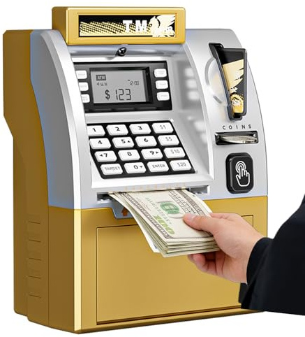 ATM Elektronische Spardose für Kinder, intelligenter Safe für Bankkarten, Spardose für Kinder, Geschenk mit automatischer Aufbewahrung von Banknoten (Gold)