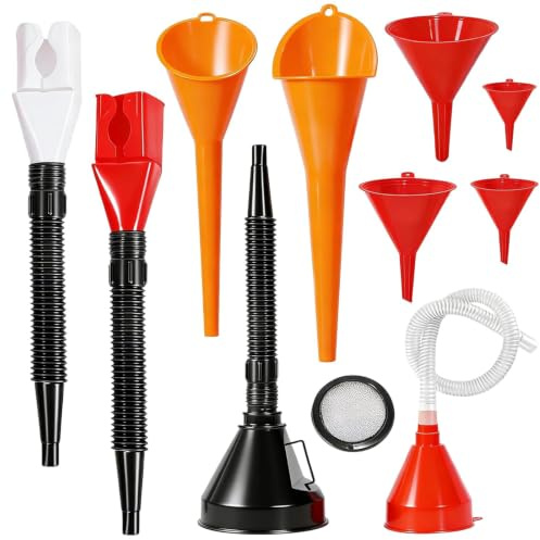 Omnikryp 11 Piezas Juego de Embudos, Embudos de Combustible de Plástico Flexible, con Boquilla Desmontable y Filtro, para Moto, Coche, Aceite, Líquido Limpiaparabrisas