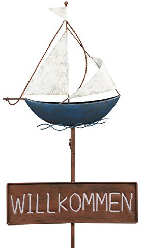 Posiwio dekorativer Garten-Stecker Deko-Stecker Schild Willkommen Segelboot Metall bemalt ausgefallen