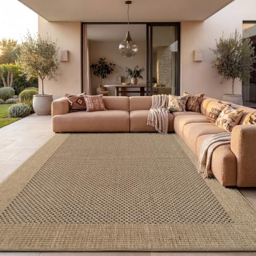 Paco Home Tapis Exterieur Terrasse Balcon Tapis Cuisine avec Bordure Aspect Sisal Uni Beige, Dimension:200x290 cm