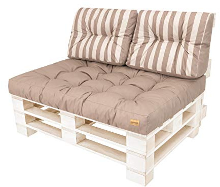 PillowPrim Palettenkissen - Sitzkissen - Komfort für Sofa & Couch - Perfekt für Balkonmöbel & Garten - Weich & langlebig - 120x80 + 2x60x40 cm, Beige mit Streifen
