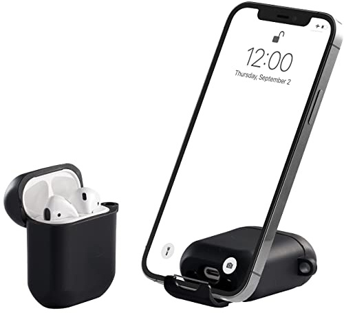 AirStand - Custodia per AirPods con supporto invisibile per il telefono, compatibile con AirPods serie 1 e 2, custodia antiurto in TPU e PC a protezione totale con moschettone portachiavi (Nero)