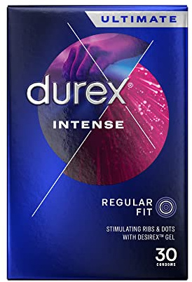 Durex Intense Condoms, 30s, Regular Fit, Pre Lubricated Desirex Gel, Ribbed and Dotted