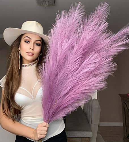 VOULUX Extra Large Tall Purple Lilac Fake Faux Artificial Pampas Grass Large Fluffy x3 115cm Stems x18 Decorative Artificial Flora Feathers For Floor Vases Tall Purple Plant Flowers Long Pampas Grass