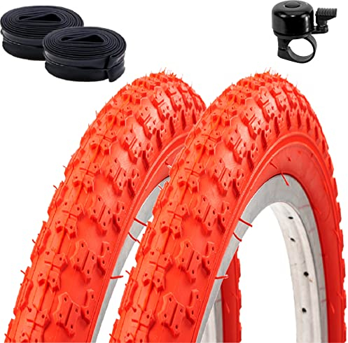 2 x Roverstone 20 Fahrradreifen Fahrradmantel rot 54-406 (20 x 2,125) + 2 Schläuche DV inkl. Fahrradklingel
