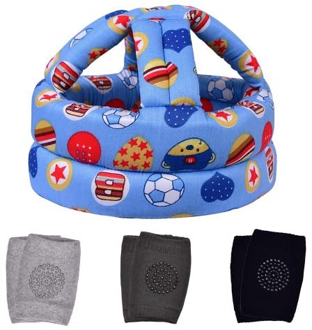 Baby-Kopfschutz & Baby-Knieschoner zum Krabbeln, Sicherheitshelm für Kleinkinder & Spazierengehen, für Alter 6-36 Monate, blauer Fußball (1+3)