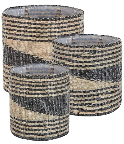 Beliani Blumenkorb natürlich/schwarz 3er Set rund geflochten Boho Stil Rattail