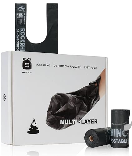 Ultra Thick RockRhino Dog Poop Bags - ECO Heavy Duty, Multi-Layer Bottom, 0% Plastic, 100% Home Compostable, Mint-Scented, Easy Open Tie Handles, Glove-Like Fit - 120 Bags