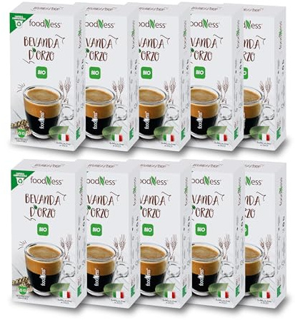 foodNess - 10 Box da 10 Capsule di Bevanda d'Orzo BIO, Capsule Compatibili con Sistema Nespresso, Bevanda Naturalmente senza Caffeina, Lattosio, Grassi Idrogenati e Zuccheri Aggiunti