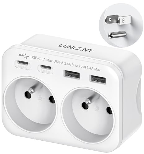 LENCENT Adaptateur de Voyage Type B - 6 en 1 vers USA/Canada/Mexique/Thaïlande - Prise Française avec 2 Prises AC et 2 Ports USB-A，2 Ports USB-C -pour appareils français aux États-Unis