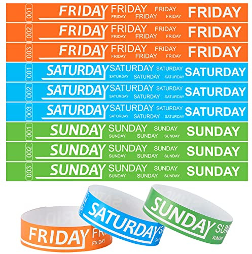 Henoyso 1800 Pcs Paper Wristbands Event Wristbands Numbered Waterproof Wrist Bands for Events Day of the Week Paper Bracelets for Adult, Friday, Saturday, Sunday(Orange, Blue, Green)