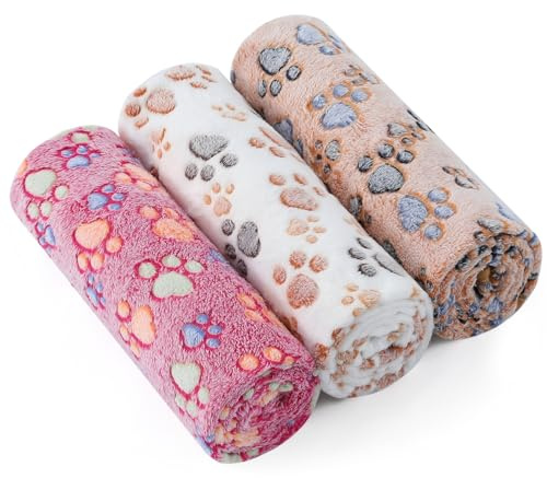 COMSLE Hundedecke Katzendecken Waschbar und Flauschig, 3 Pack Weiche Warme Fleece Haustier Decken für Kleine Mittlere Hunde Katzen, Haustierdecke Schlafmatte für Sofa Bett, Pfote Muster 60 * 40CM