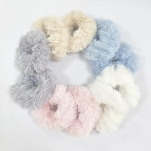 KEYRI 10 stycken hårsnoddar hårnålar för kvinnor flickor, hårband elastiska hårband scrunchy mjuka hårband, plysch fuskpäls kanin hårband hästsvans hårband (vit + rosa + blå + grå+kaki)