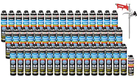 Isolbau B2 Lot de 48 tubes de colle périmétrique, 750 ml, 1 nettoyant en mousse polyuréthane et 1 pistolet à mousse pour plaques EPS et XPS, mousse adhésive en polyuréthane 1K pour fixation et