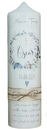 TAUFKERZE | KOMMUNIONKERZE | KONFIRMATIONKERZE  Oscar -Blumenkranz mit Schleife- für Mädchen und Jungen | beschriftet mit Namen und Datum, Taufspruch