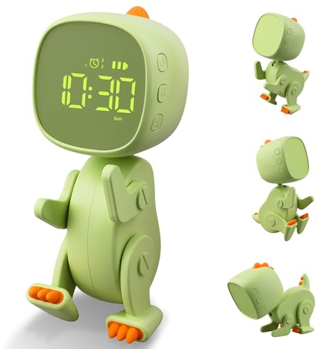 Ayybboo Digitaler Wecker Kinder Jungen,DREI Alarmes,Dinosaurier Wecker mit Variabler Form,Schlummer,Nachtlicht Timer,6 Weckmusik,Einstellbare Helligkeit und Lautstärke,Interne Batterie (Grün)