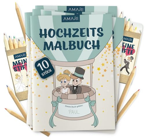 AMARI ® Hochzeitsmalbuch 10er Set inkl. Buntstifte - Gastgeschenk für jede Hochzeit - Kinder Malbuch Set als Beschäftigung, Gäste Notfallkörbchen - Gastgeschenke für Unterhaltung