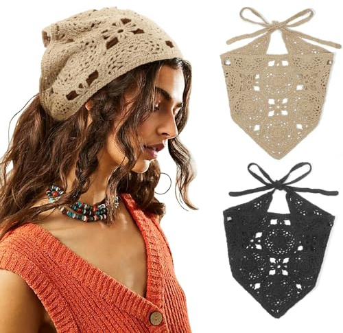 DRESHOW 2 Stück Damen Boho Stirnbänder Dreieck Kopftücher Bandanas Turban Krawatte Haarbänder Elastisches Haarschal für Damen und Mädchen