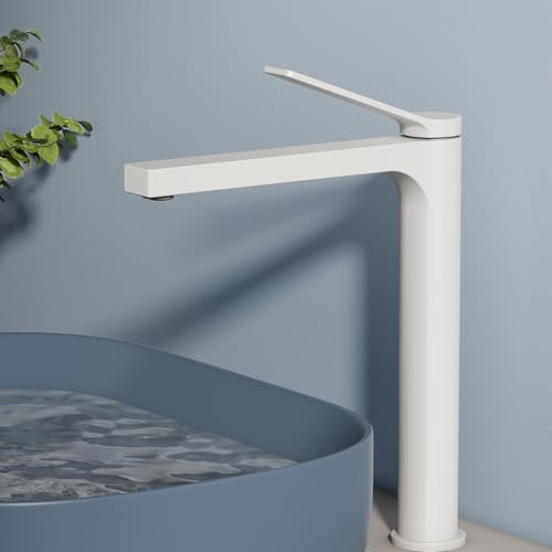 EMKE Wasserhahn Bad Weiß Matt, 335 x 233 x 46 mm, Messing, Keramikkartusche, Badarmatur, Mischbatterie Waschbecken-Armatur einfache Installation, Wasserhahn mit Luftsprudler, Waschtischarmatur