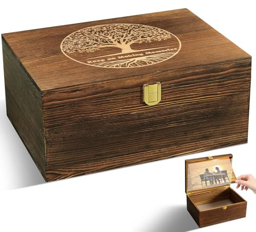 GLOMAXLY Wooden Keepsake Box Large Tree of Life - Decorative Memory Boxes with Hinged Lid and Photo Frame Durable Wood Gift Box Elegant Vintage Jewelry Storage Box for Storing Pictures, Gifts