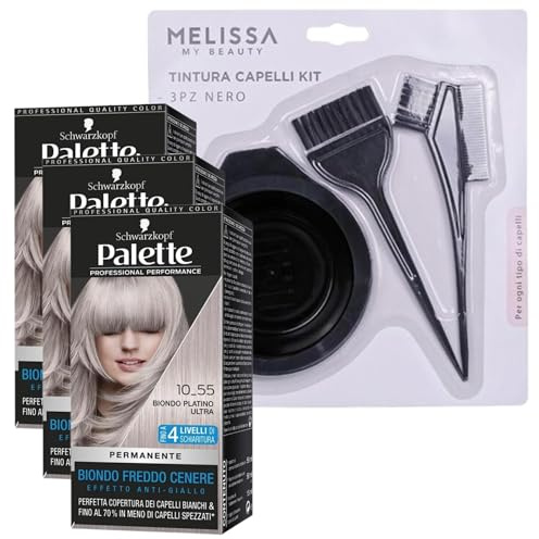 KIT TINTA CAPELLI: 3x Tinta Palette Colorazione Permanente, Crema Colorante Professionale, Copertura Capelli Bianchi, Sistema Anti-danni + Set Tinta Capelli da 3pz (10-55 Cool Blonds)