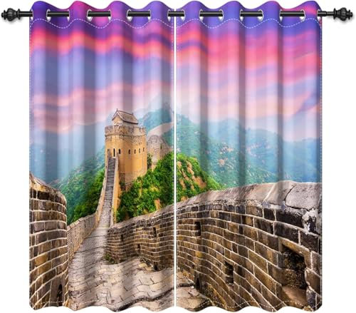 Vorhang Kinderzimmer Retro-Architekturlandschaft Kinder Vorhänge Mit Ösen Polyester Gardinen Thermovorhang Blickdicht Ösenschal Kindergardinen 220X215 cm (B + H) Für Wohnzimmer,2Er Set-248640150