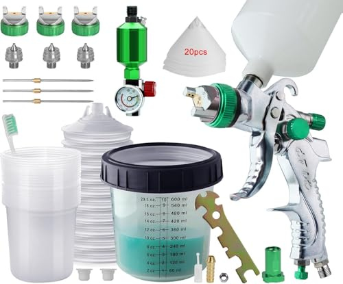 HVLP Lackierpistole Druckluft Spritzpistole Sprühpistole 3 Düsen 1,4 mm, 1,7 mm, 2,0 mm Farbsprühsystem Mit Einweg Mischbecher Enthalten 10 Stück 600ML Deckel und Innenbecher Druckregler Kits (Grün)