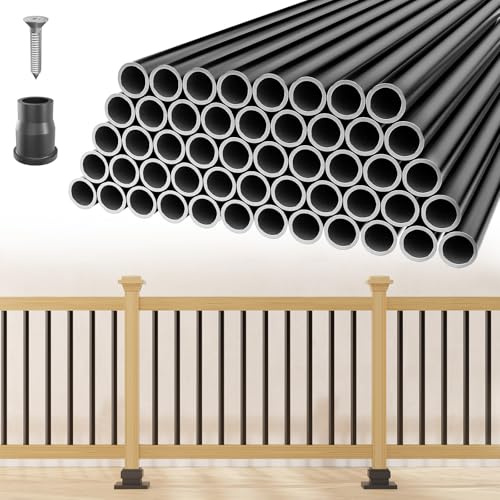 50 Pack 32 Aluminum Deck Balusters, 3/4 Diameter Black Metal Deck Spindles with Connectors and Screws, Hollow Round Aluminum Deck Balusters for Deck Railing, Staircase, Porch, Patio, etc