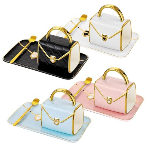 4 Sets Creative Coffee Mug and Saucer, Ceramic Tea Cup with Spoon, 300 ml Handbag Shaped Coffee Mug for Women Girl Gift Office Home Drinking Milk Hot Chocolate Cappuccino, 4 Colour