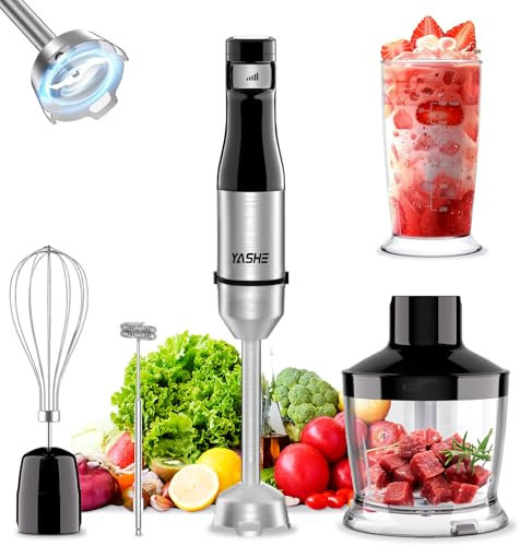 YASHE Frullatore a Immersione, 5 in 1 in Acciaio Inox, 1000 W, Velocità Regolabile Continuamente, con Tritatutto, Frusta e Bicchiere Dosatore – Ideale per Alimenti per Bambini, Salse e Zuppe