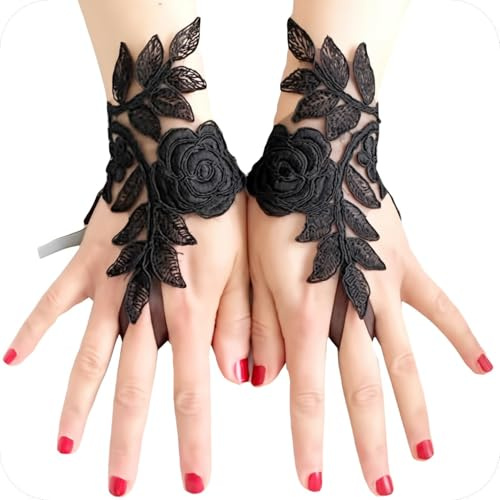 1 Paire Gant a Plume Malefique Gants Dentelle Blanc Deguisement Halloween Femme, Gants de Plumes Dentelle, Gants Dentelle sans Doigts pour Femmes