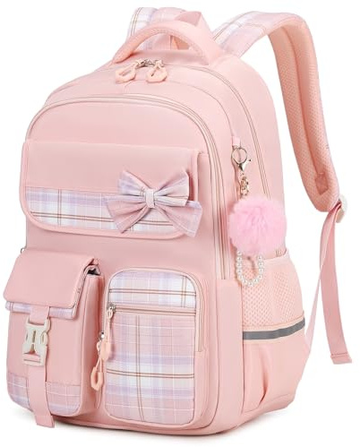Tanou Schulrucksack Mädchen Kinderrucksack für Schule Reisen, 24L, Rosa | Wasserdicht Rucksack Teenager Daypack, Kawaii Karo-Schulranzen für Mädchen 9-16 Jahre mit Trolleyband Schleife Dekoration