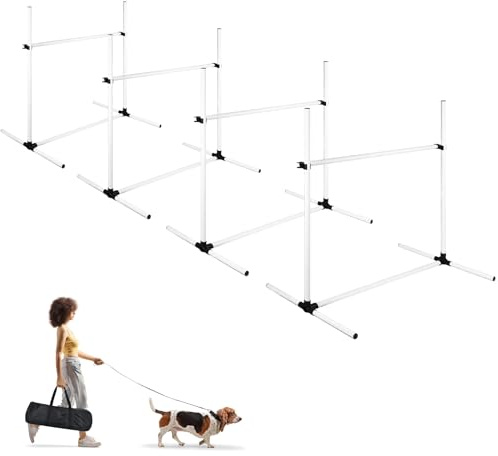 UISEBRT Hund Agility-set, 4-pack Slalom-stänger, hundhinderset för husdjur, PVC hundträningsset med bärväska, justerbar höjd 104x70x101 cm, Vit