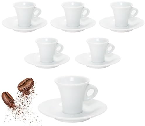 RagStore - Set 6 Tazzine da Caffè in Porcellana Bianca Modello Aida con Piattini – Design Bar a Trombetta, Capacità 100 ml