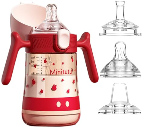 3 in 1 Transition Cup 240ml Bicchiere Antigoccia Bambini Tazza, con Cannuccia con Beccuccio Morbido Senza BPA, Tazza di Apprendimento a prova di Perdite con Manici (Rosso)