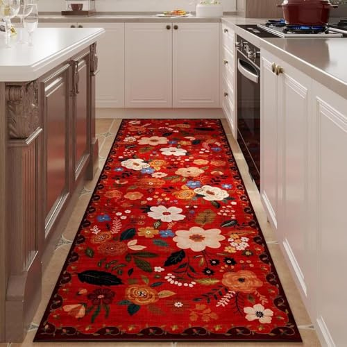 MJGFD Bettvorleger Innen Rot, Teppich Boho Waschbare Teppiche 80x120cm, Vintage Kleiner Teppich Blumen Boho, Weicher rutschfest Kurzflor Fußmatte Innen für Flur, Eingang, Schlafzimmer, Küche