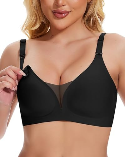 Jiuday Still BH ohne Bügel Große Brüste Damen Schwangerschafts- & Still-BHS Bequemer Gepolstert Spitze Seamless Nursing Bra Nahtloser Push Up Stillbh (Schwarz,M)
