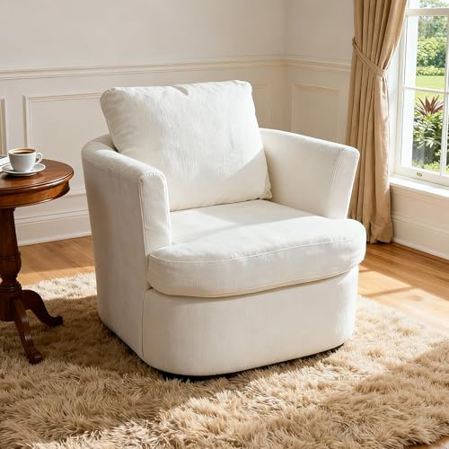 BonVache Swivel Tub Chair, Modern Accent Occasional Armchair, Bucket Chairs with Pillow for Living Room Bedroom, White