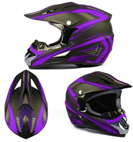 Casco Integrale da Motocross Per Bambini E Adulti, Atv, Fuoristrada, Fuoristrada, Omologato DOT, con Occhiali, Guanti E Maschera(YY Purple lines,XL (58-59cm))