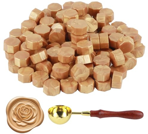 300 Stück Siegelwachs Gold, Siegelwachs Perlen mit 1 Wachsschmelzlöffel, achteckiges Wachssiegel-Set für Stempel, für Umschlag/Einladungen/Karten/Weinpakete/Geschenk