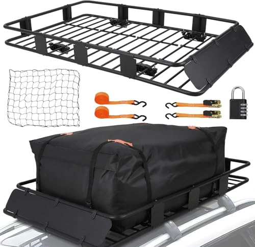 64X39 Heavy Duty Roof Rack Cargo Carrier Basket, 200lb, with Waterproof Bag, Wind Deflector & Mounts, Universal Rooftop Luggage Carrier for SUV Truck Vehicles, Extendable Roof Basket