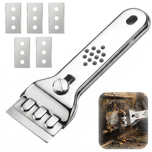 Oven Scraper Tool,Stainless Steel Cleaning Scrapers,Oven & Hob Cleaning Tool with 5 Replacement Blades,Putty Corner Seam Scraper Tools Non Scratch,Safe Blade Scrapers for Grease Burnt Residue Stain