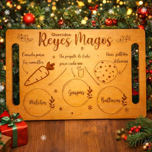 Bandeja de Madera Reversible para Papá Noel y Reyes Magos - Grabado Láser - 29,5 x 19,5 cm - Bandeja Navideña para Dulces, Galletas y Bebidas - Madera Natural con Asas