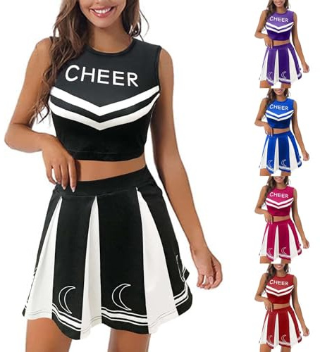 Generisch Cheerleader Kostüm Cheer leader Outfit mit Cheerleader Uniform Und 2 Pompons, Superstar Costume Für Karneval Kostüme Damen und Team anfeuerst 001 Schwarz XXL