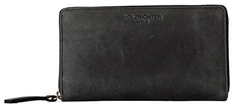 HOLZRICHTER Berlin – Große Damen Geldbörse aus Leder (No 4-2), Vintage, 11x19x3 cm, Edles Portemonnaie mit 12 Kartenfächern, 2 Banknotenfächern und mittigem Münzfach, Geldbeutel in Schwarz