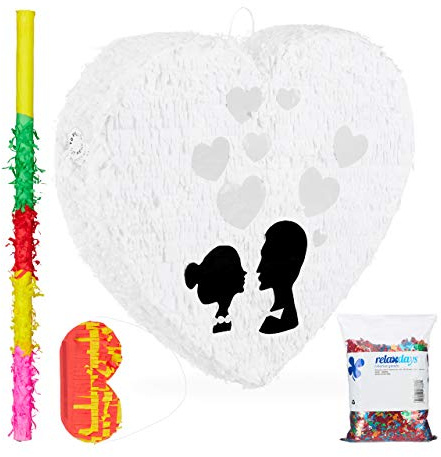 4 tlg. Pinata Set Hochzeit, XXL Konfetti Sack 0,28 kg, Herzpinata, bunt | Pinatastab mit Augenbinde, Pinatastock & Maske