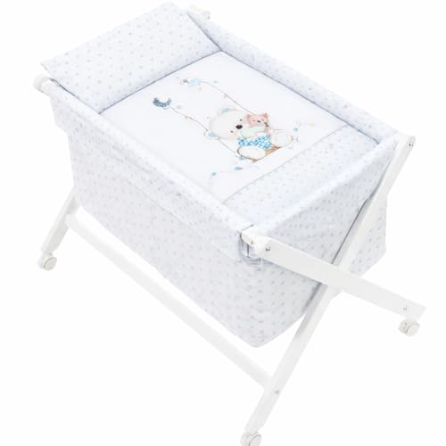 mibebestore Minicuna Plegable Columpio Azul: Estructura + Vestidura + Colcha Desenfuntable + Colchón + Almohada